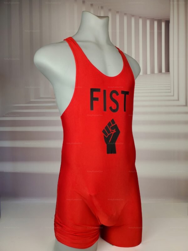 Red Spandex Singlet FIST Print and raised fist graphic, shown on mannequin