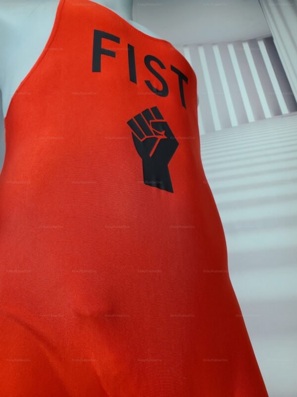 Red singlet with bold lettering and fist symbol, made from sleek polyester material.