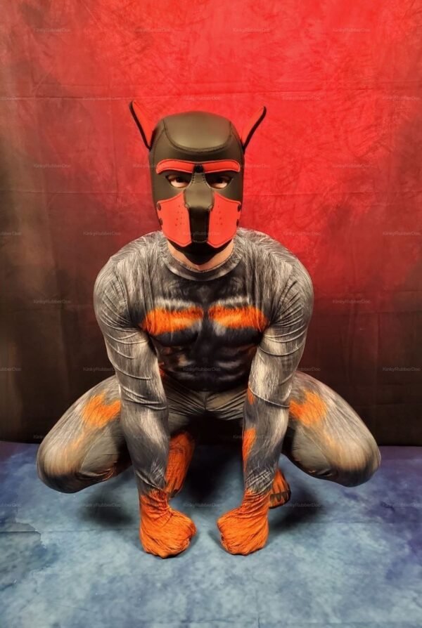 Gray and ginger spandex full-body dog suit with a black and red muzzle mask.