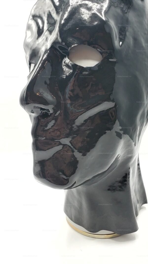 Glossy black latex hood with a sculpted male face design.