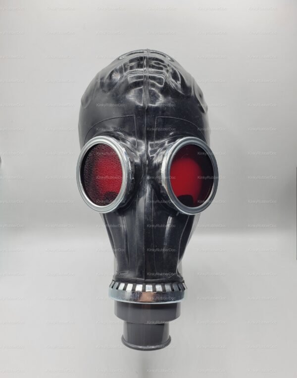 Black gas mask with red-tinted lenses for cosplay and fetish fashion.