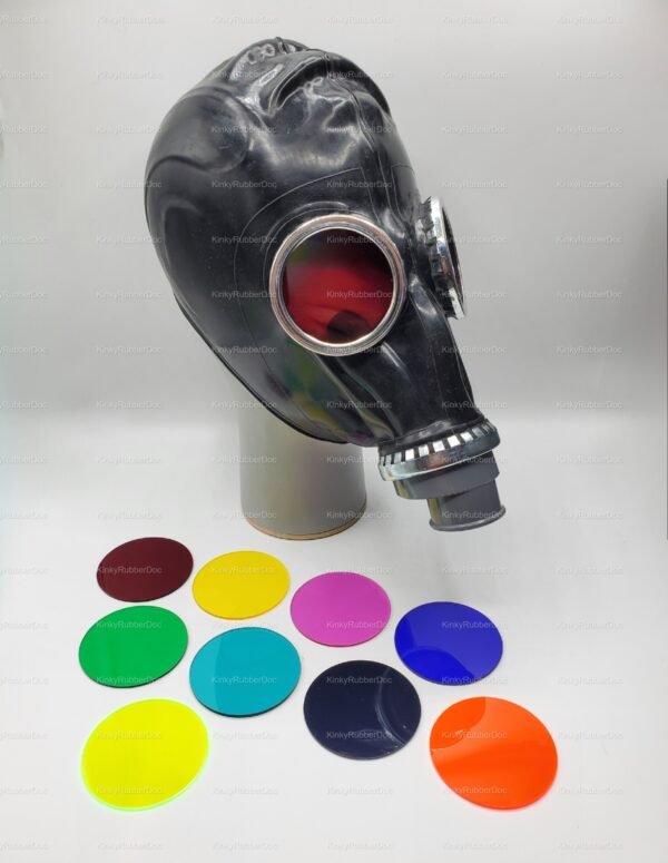 Black GP5 gas mask hood hood with USSR-style design, shown with colorful round replacement lenses for customization