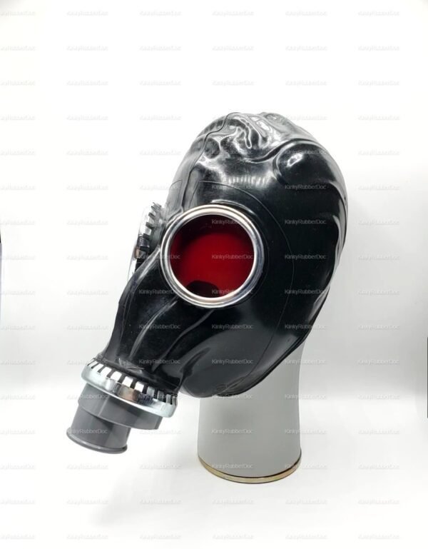 Sleek black rubber gas mask with vibrant red lenses, featuring a modern design with a classic USSR vibe.