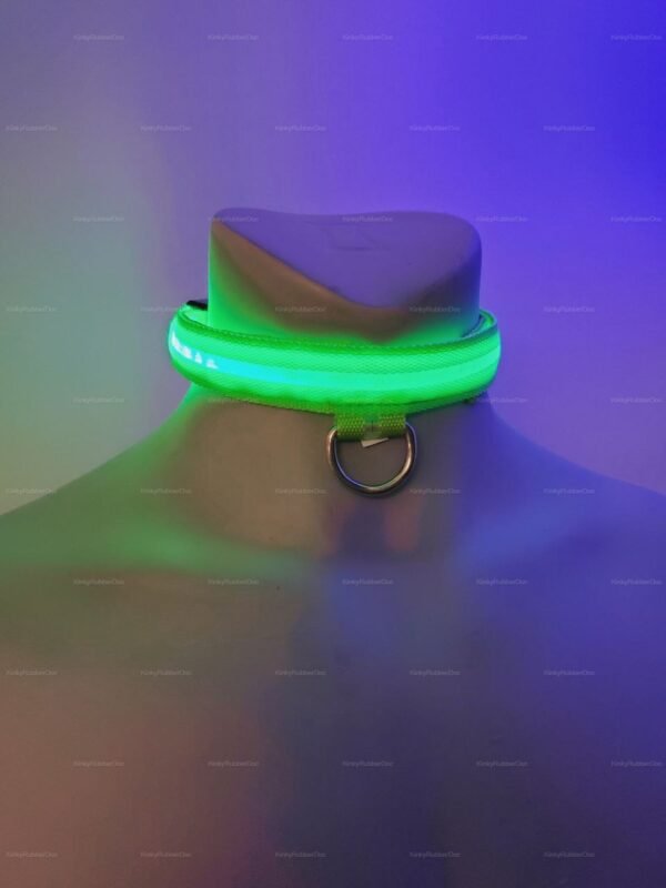 Neon green LED light collar with a metal ring, perfect for rave and festival fashion.