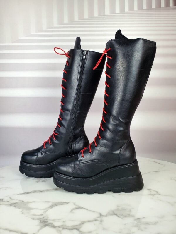 Black Platform High-Knee Boots and red laces – kink, cosplay, clubwear