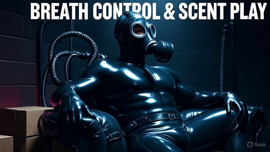 A person wearing a shiny black latex suit and gas mask, seated in a dimly lit room with the text "Breath Control & Scent Play."