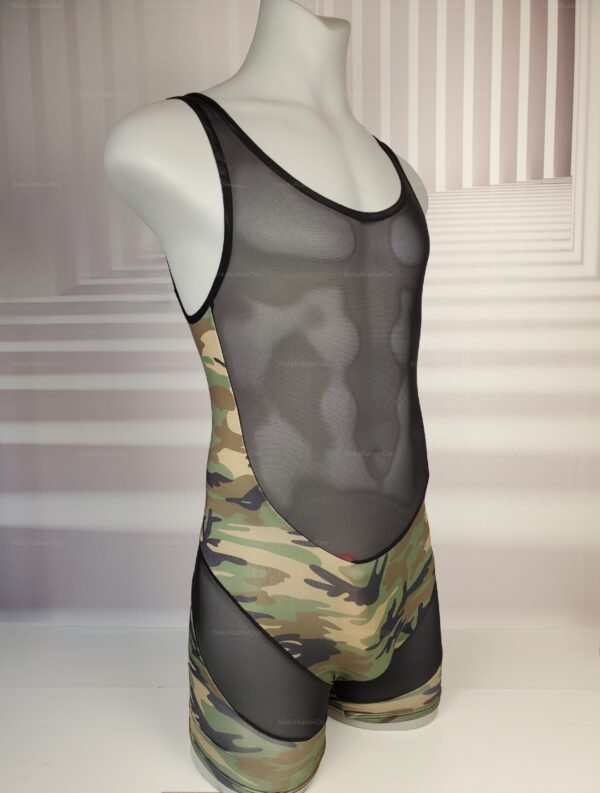 Khaki mesh singlet with camouflage design, featuring a snug and alluring polyester blend.