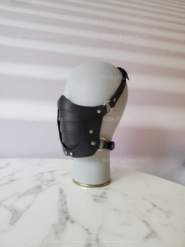 Adjustable blackBlack Leather Face Mask displayed on mannequin, ideal for fetish wear, roleplay, and cosplay