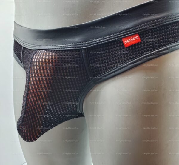 Mesh transparent jockstraps with sleek black detailing and textured design.