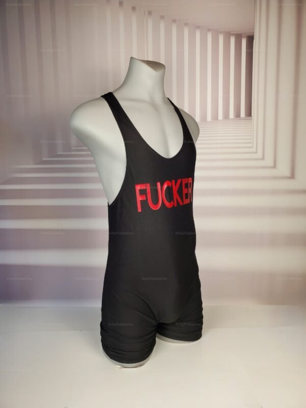 Black singlet with bold red lettering for a daring and edgy look.