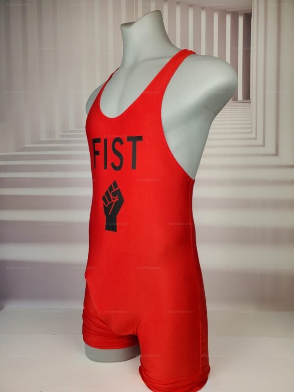 Red polyester singlet with bold black lettering and fist graphic, embodying a strong and playful vibe.