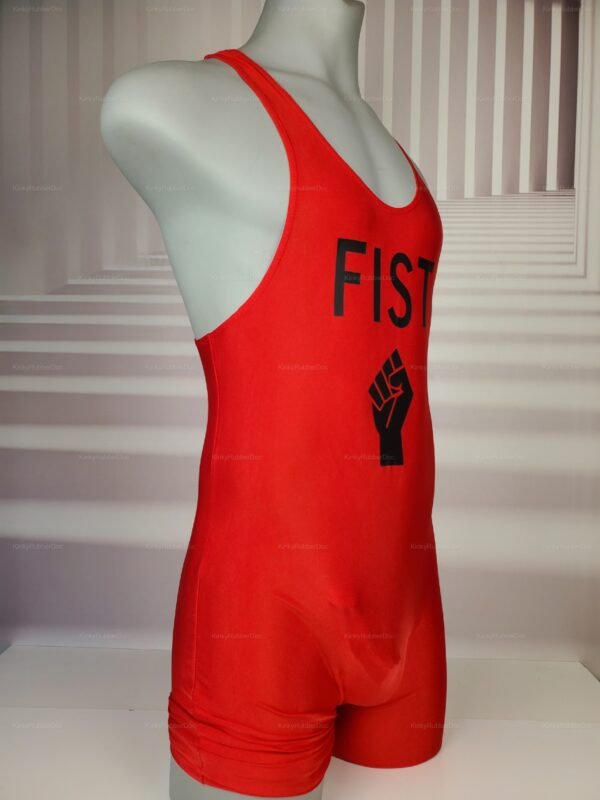 Red singlet with bold black lettering and a fist graphic, designed for a sporty and edgy look.