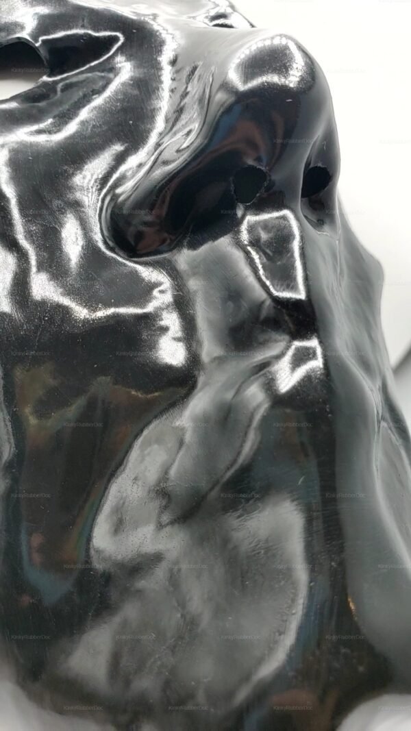 Shiny black latex fetish hood with a sculpted, glossy finish.