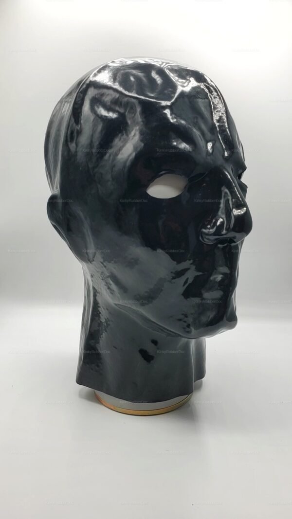 Shiny black Latex hood mask with realistic male face shape and back zipper closure