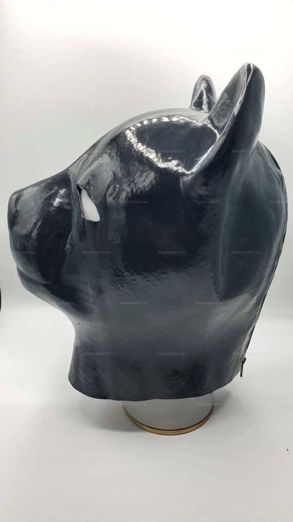 Sleek black latex pup mask with canine hood design for fetish wear.