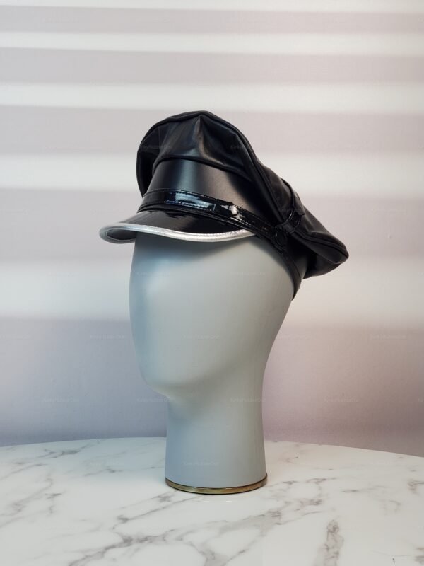 Black leather cap with a shiny visor, perfect for cosplay or fetish wear.