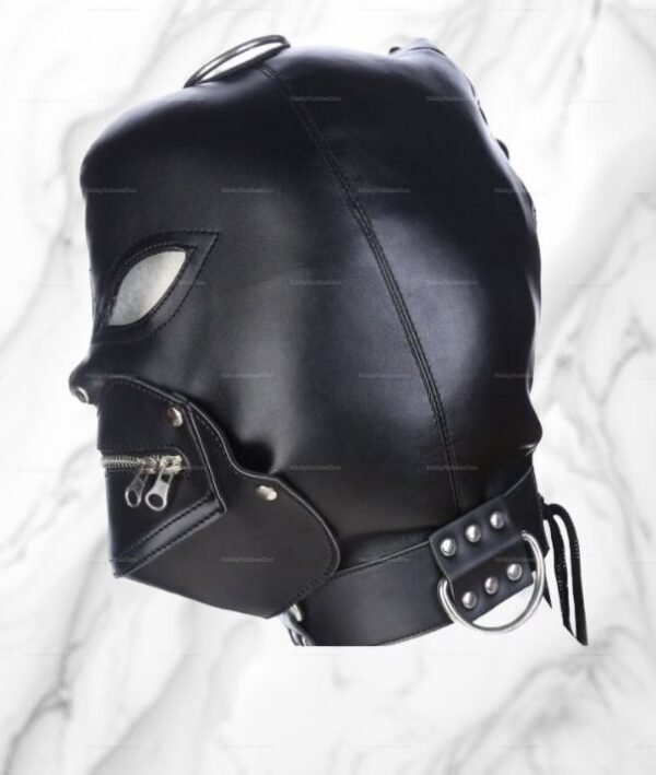 Black leather bondage mask with zippered mouth and ring collar.