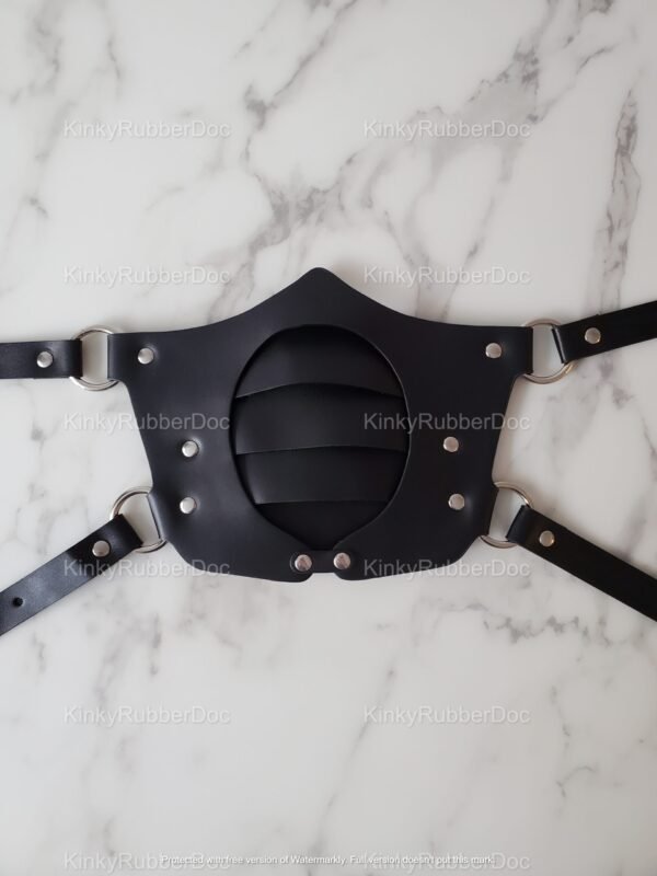 Black leather face mask with adjustable straps and metal rivet detailing.