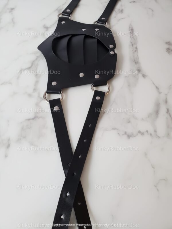 Black leather face mask with adjustable straps and metal rivets.