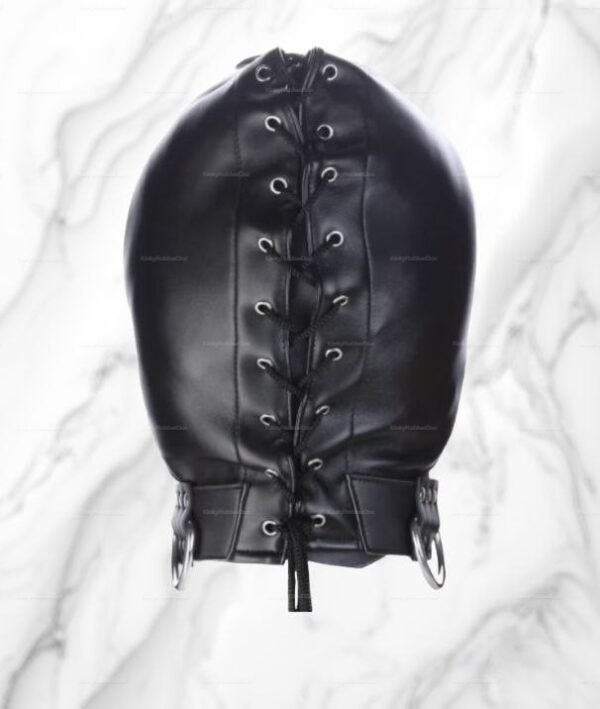 Black leather hood with lace-up closure and metal rings for roleplay and fetish enthusiasts.