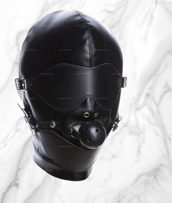 Black leather hood with blindfold and gag for roleplay and fetish experiences.