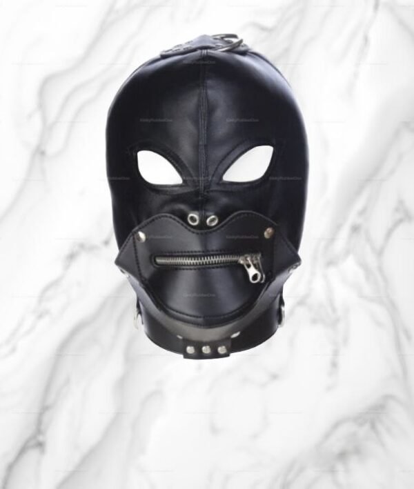 Black leather hood with zipper mouth and collar ring for fetish wear.