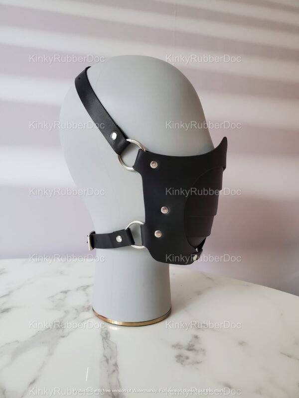Black leather face mask with metal accents, designed for a bold and edgy look.