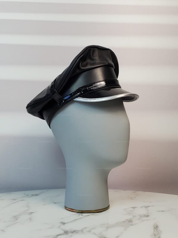 Black faux leather Officer Uniform Cap with silver-edge visor and structured band