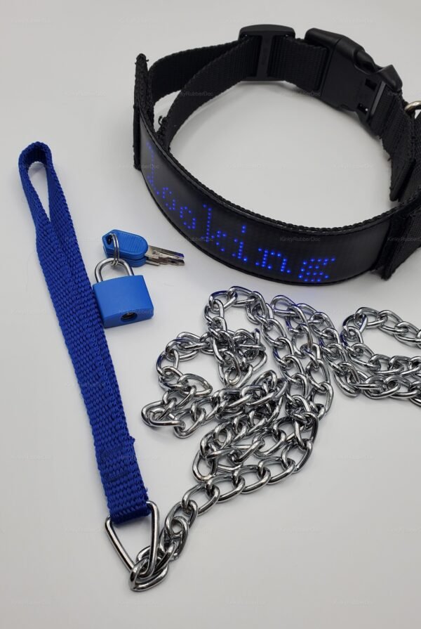 LED programmable collar with a blue padlock and chain, featuring customizable text display.