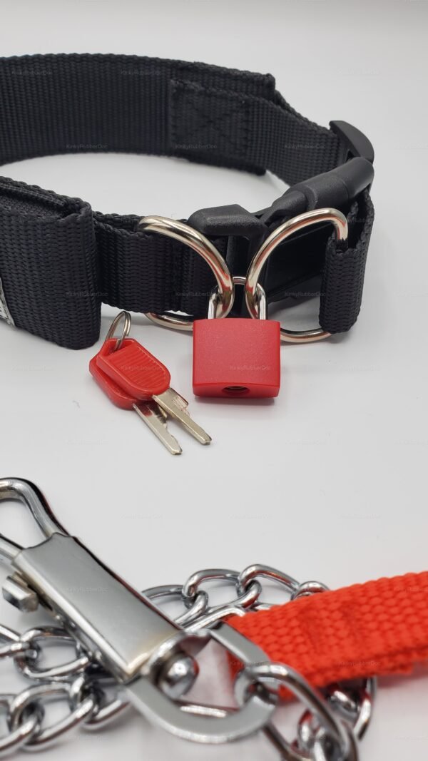 A black and red LED-programmable collar with a secure padlock and keys, featuring a chain and clip.