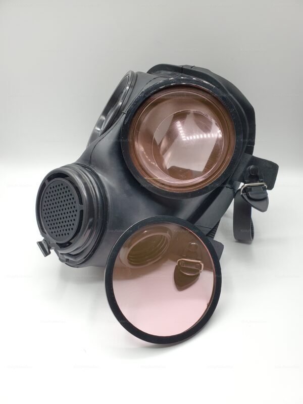 Light brown lens covers for a black gas mask, designed for fetish and cosplay enthusiasts.