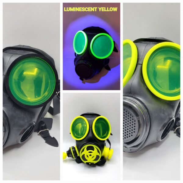 Luminiscent Yellow Lens Covers for Gas Mask – UV-reactive pop-on covers with neon frame on the gas mask.