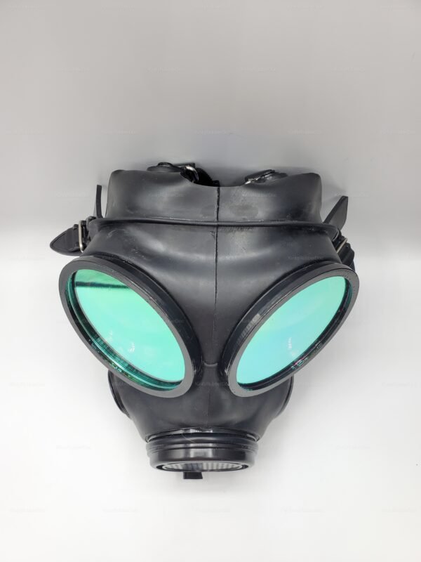 Black rubber gas mask with rainbow-tinted lenses for a daring and edgy look.
