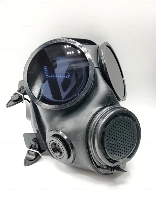 Reflective black gas mask with sleek lenses for kink fashion.