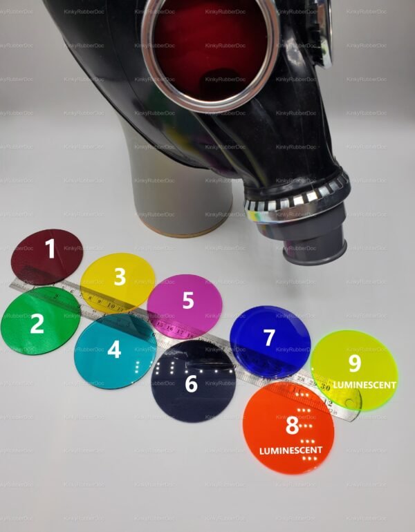 A sleek black rubber gas mask with colorful interchangeable lenses for a unique fetish fashion experience.