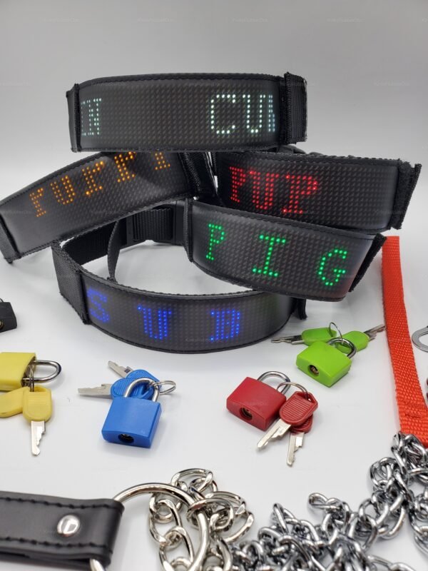 **Alt Text**: LED light-up collars with colorful locks and chain accessories.