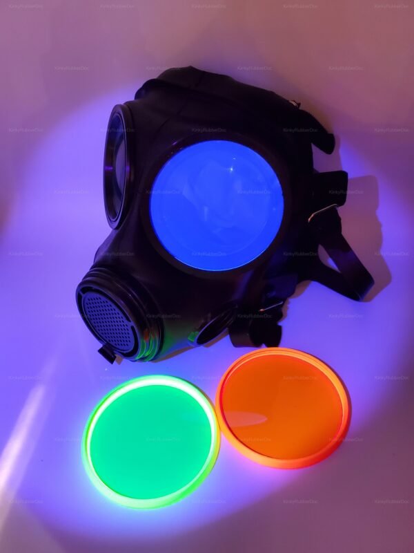 Black gas mask with vibrant blue, green, and orange glowing lenses.