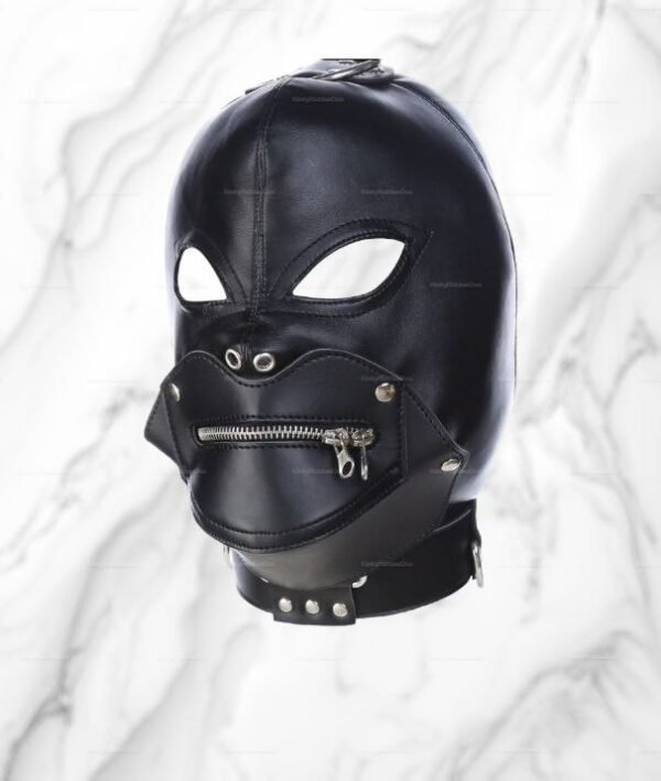 Black lLeather Gag Hood with detachable zip mouth piece and D-ring collar – fetish gear