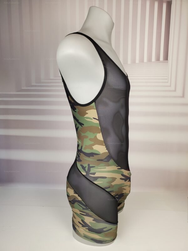 Khaki green camouflage singlet with black mesh panels.