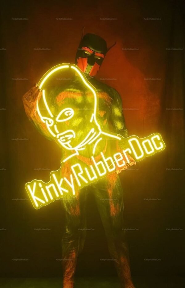 Vibrant muscle-print dog suit for pet play with striking neon sign.