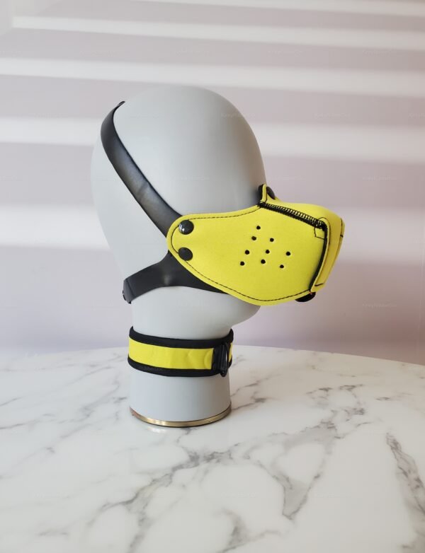 Yellow neoprene pup play muzzle and collar set with black accents.