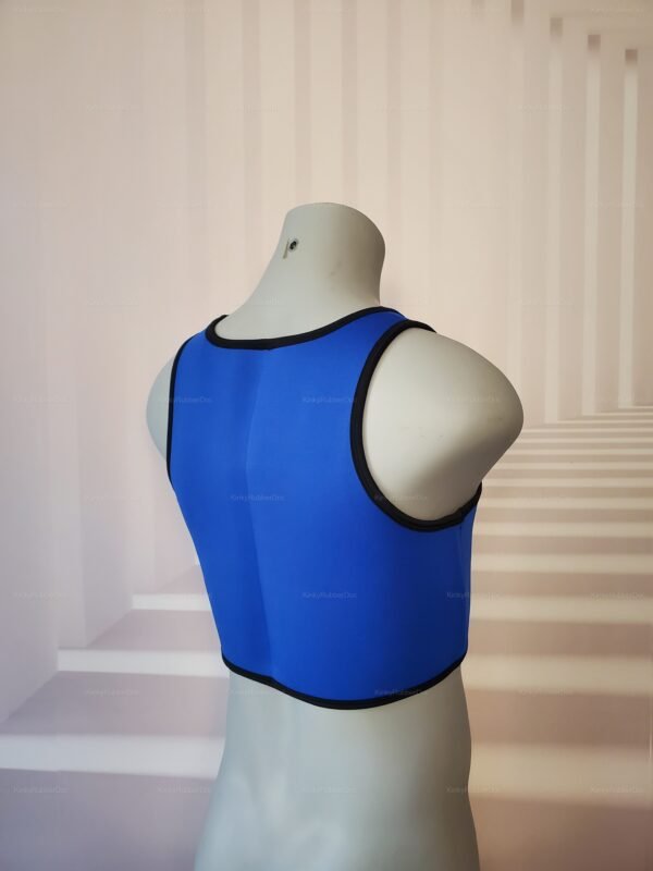 Blue neoprene harness tank top crop with black trim for kinky fashion.