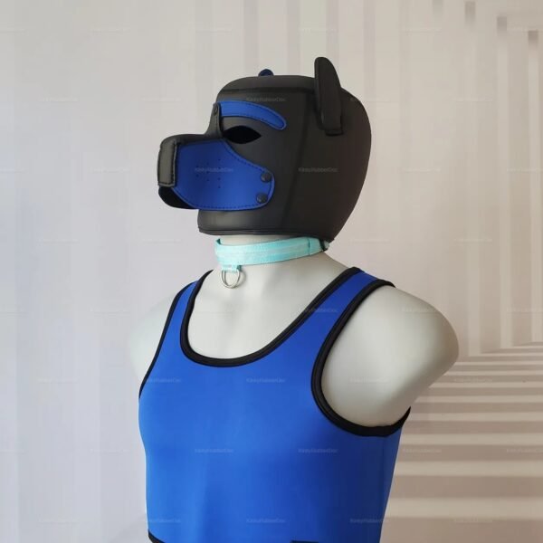 Blue neoprene tank top harness with a matching headpiece, offering a bold and playful vibe for fetish fashion enthusiasts.