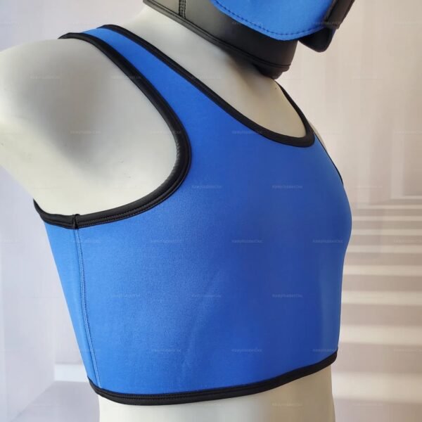 Blue Neoprene Crop Tank Top with black trim, form-fitting and stretchy – pupplay or fetish cosplay gear by KinkyRubberDoc