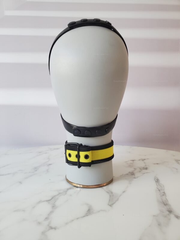 Neoprene yellow collar with black muzzle strap featuring adjustable buckles.