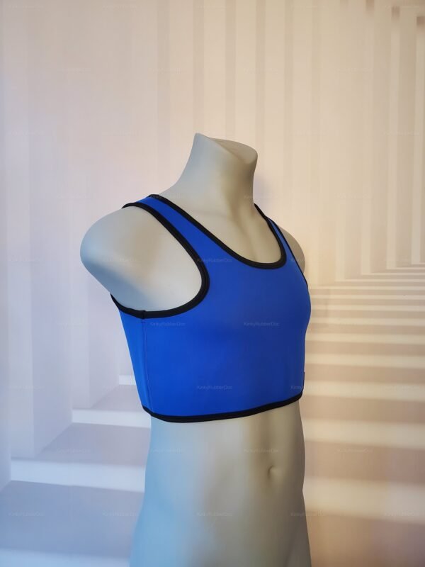 Blue neoprene crop top with black trim, designed for club and fetish wear.