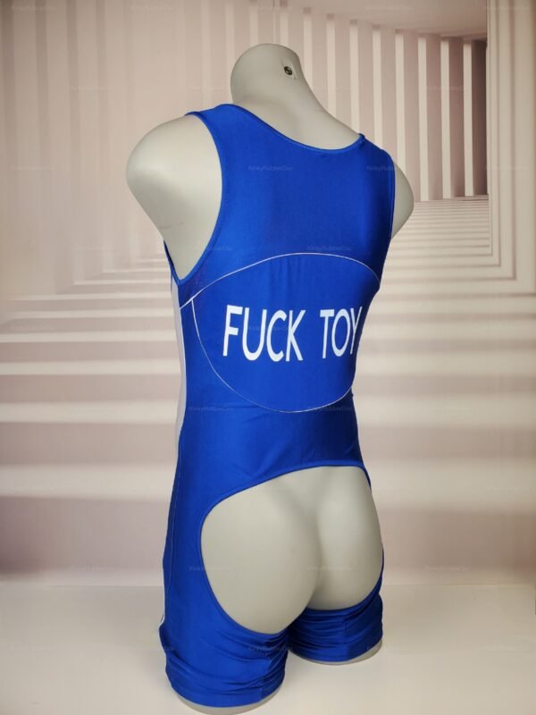 Blue Open Singlet with bold white back text, displayed on a mannequin showing rear cutout design