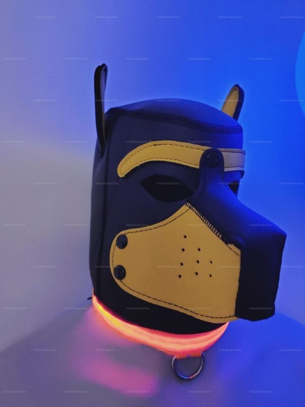 Neon-lit black and yellow pup hood with orange glowing collar.