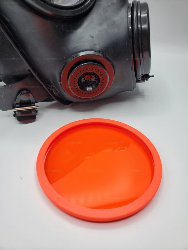 Black acrylic gas mask with orange lens cover upgrade for a bold alternative fashion statement.