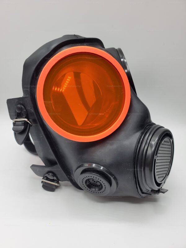 Black gas mask with vibrant orange lenses, designed for a bold and edgy fetish experience.